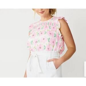 Draper James RSVP Sz XXL Smocked Flutter Sleeve Top White Pink Spring Romantic